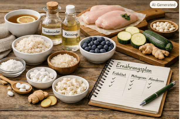 Lebensmittel für fructosearme Ernährung mit Obst, Gemüse und Süßungsmitteln.