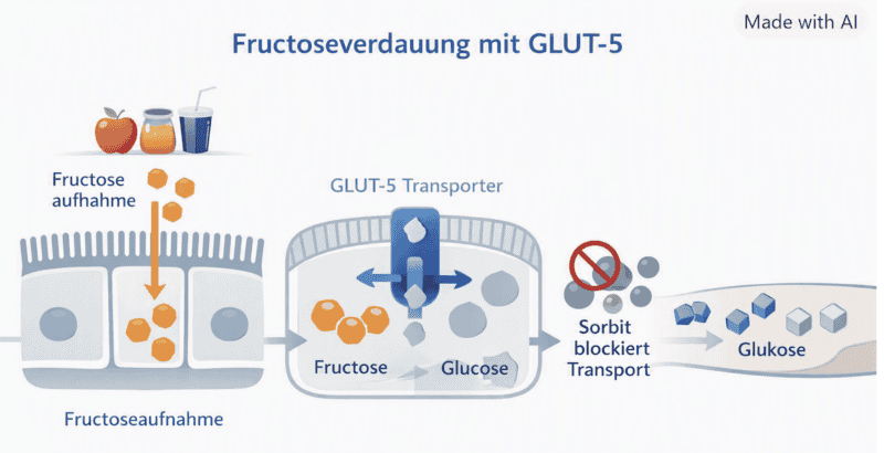 Grafik zeigt den Prozess der Fructoseaufnahme und -transport mit GLUT-5.